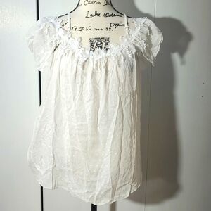 Womens White Swiss dot semi Sheer Crochet Detail Ruffle Off ShoulderTop Sz.Large